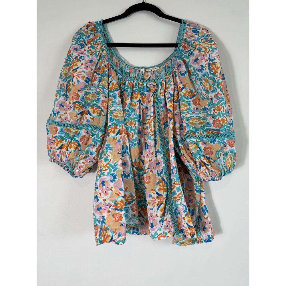 Mahila Floral 100% Cotton Tunic Blouse Balloon Sleeve XL Spring Summer Light